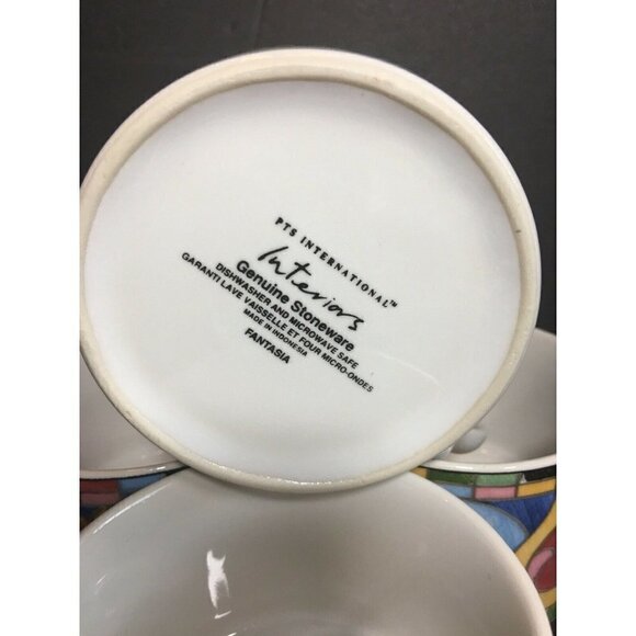 Set 4 Fantasia Cups Mosaic Stoneware PTS Int’l Interiors Teacup Blue Pink Floral - Picture 4 of 5